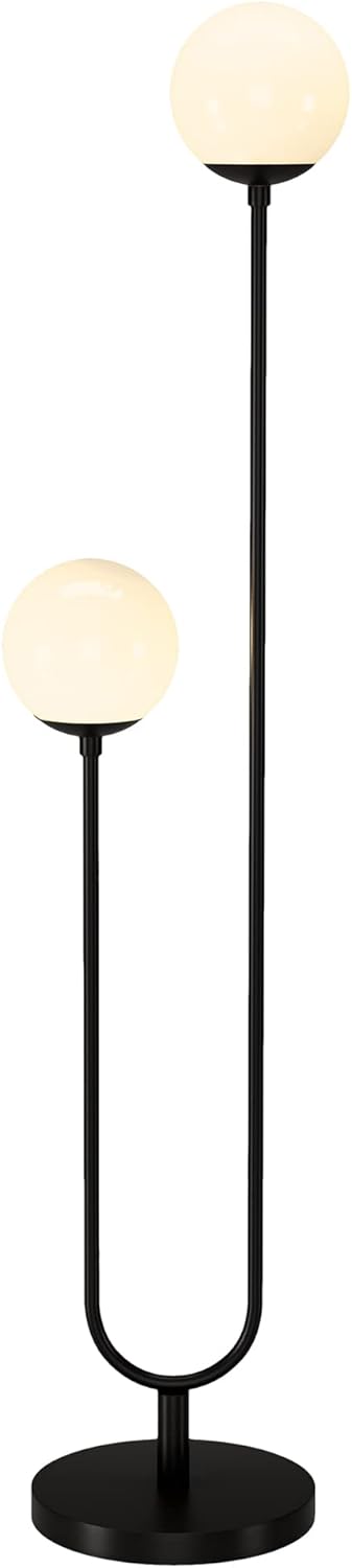Henn&Hart 68.5" Mid-Century Modern 2-Light Floor Lamp with White Milk Glass Globe Shade for Living Room, Bedroom, or Office, Black