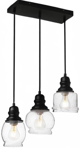 WILON Industrial Pendant Lighting, Pendant Lights for Kitchen Island 3 Light Glass Pendant Light Fixture with Seeded Glass Shade, Adjustable Cord Farmhouse Ceiling Light Black finish Linear Chandelier