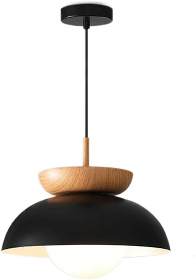 Scandinavian Modern Nordic Pendant Light with Wood Accent, Metal Dome & Frosted Globe Diffuser Suspension for Dining Table, Kitchen Island, Bedroom, Café and Entryway(Dark)