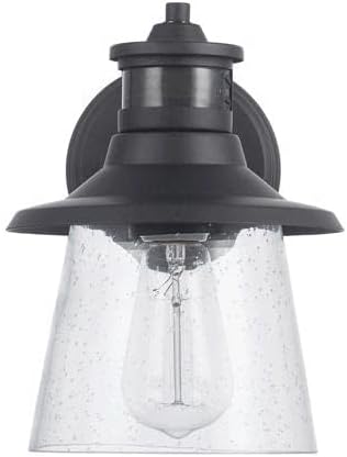 Globe Electric 32982 1-Light Motion Sensor Wall Sconce, Outdoor, Matte Black, Clear Seeded Glass Shade, 150 Degrees, 30ft. Range, Farmhouse, E26 Bulb, Porch Light, Weather Resistant