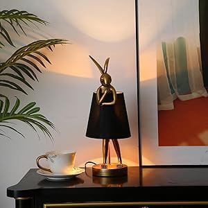YHT Bunny Table Lamp, Cute Animal Rabbit Lamp,15.7" Vintage LED Desk Light with Linen Lampshade,Gold Main Part Beside Lamp for Bedroom, Study Room, Office, Nursery, Home Decor (Black)