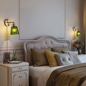 HuisMier Plug in Wall Sconces, Vintage Green Stripe Glass Lampshade Wall Lighting Fixture with On/Off Switch, Brass Wall Sconce for Bedroom Bathroom Living Room Hallway, Plug in