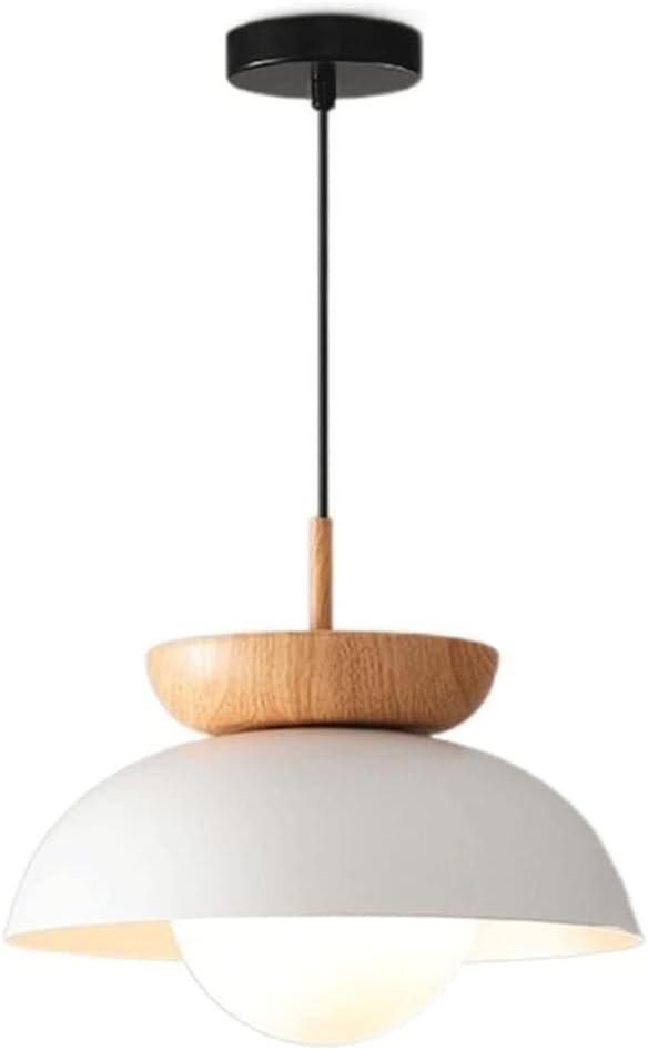 Scandinavian Modern Nordic Pendant Light with Wood Accent, Metal Dome & Frosted Globe Diffuser Suspension for Dining Table, Kitchen Island, Bedroom, Café and Entryway(White)