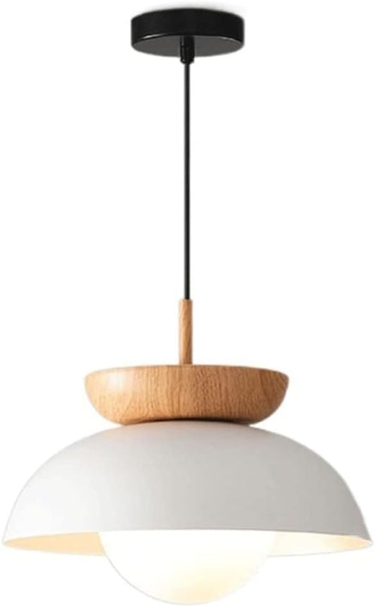 Scandinavian Modern Nordic Pendant Light with Wood Accent, Metal Dome & Frosted Globe Diffuser Suspension for Dining Table, Kitchen Island, Bedroom, Café and Entryway(White)