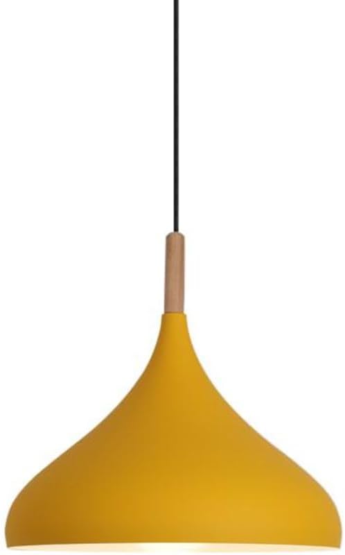 Creative Colorful Wood Metal Pendant Light, Nordic Modern Hanging Light Fixture, Single Rustic Farmhouse Pendant Lamp, Simple Retro Pendant Lighting for Kitchen Island Dining Table (Yellow,9.4in)