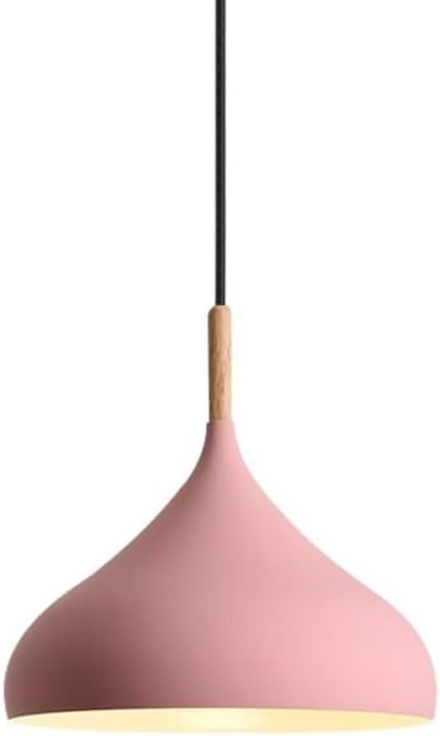 Creative Colorful Wood Metal Pendant Light, Nordic Modern Hanging Light Fixture, Single Rustic Farmhouse Pendant Lamp, Simple Retro Pendant Lighting for Kitchen Island Dining Table (Pink,12.5in)