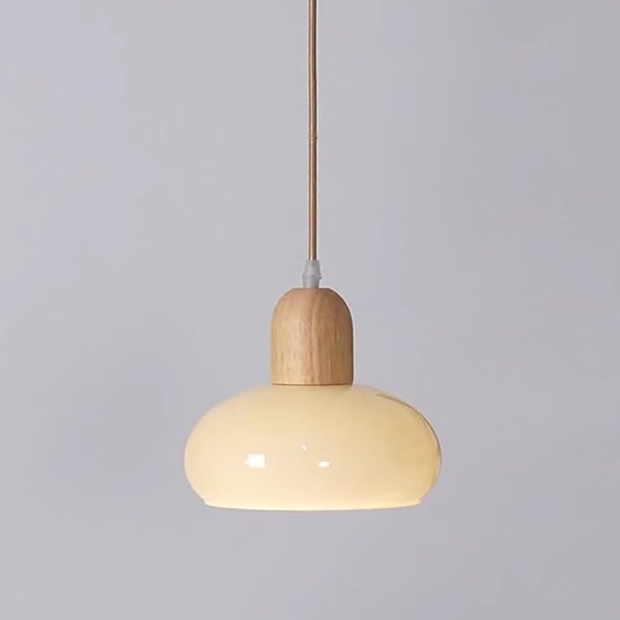 Glass Dome Pendant Light Cream Glass Hanging Ceiling Lamp Kitchen Island Pendant Lighting, Modern Wood Suspended Lights for Dining Table Bedroom Living Room Restaurant 7.87″ Pendant Lamps