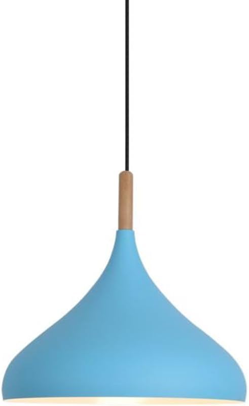 Creative Colorful Wood Metal Pendant Light, Nordic Modern Hanging Light Fixture, Single Rustic Farmhouse Pendant Lamp, Simple Retro Pendant Lighting for Kitchen Island Dining Table (Blue,12.5in)