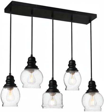 WILON Pendant Lights Kitchen Island, 5-Light Dining Room Light Fixture with Seeded Glass Shade, Farmhouse Chandeliers for Dining Room Matte Black Finish Hanging Linear Chandeliers for Kitchen Island