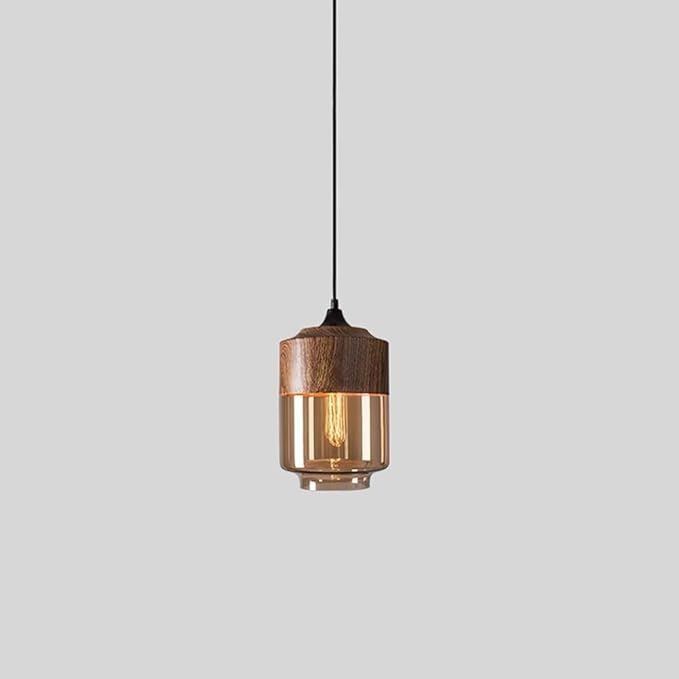 Walnut Pendant Light for Kitchen Over Sink Japanese Style Height Adjustable Glass Hanging Lamp Modern Hanging Lamp with Vintage Wood Grain Pendant Chandelier for Bedroom Dining Room Hallway(C