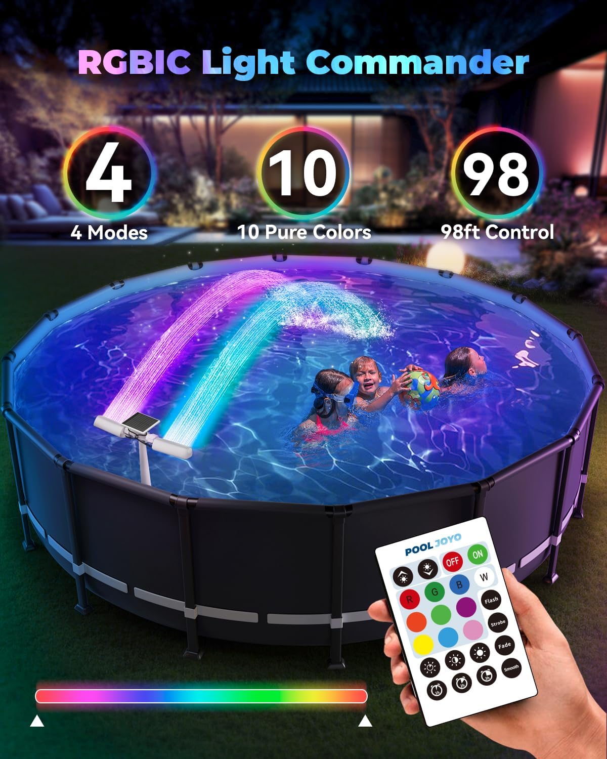 Solar Pool Fountain with 10-Color 4-Mode RGB LED Lights, Above/Inground Solar Lights with Remote, 360°Adjustable Dual Spray Waterfall Sprinkler Fountain for Relaxation & Cooling 10-20°F