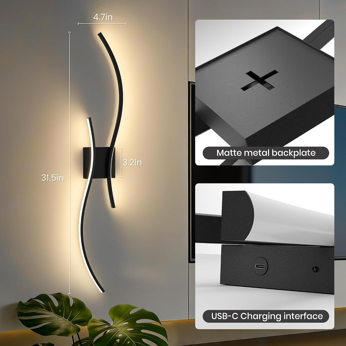 31.5-Inch Rechargeable LED Wall Sconces with Remote, Black, Set of 2