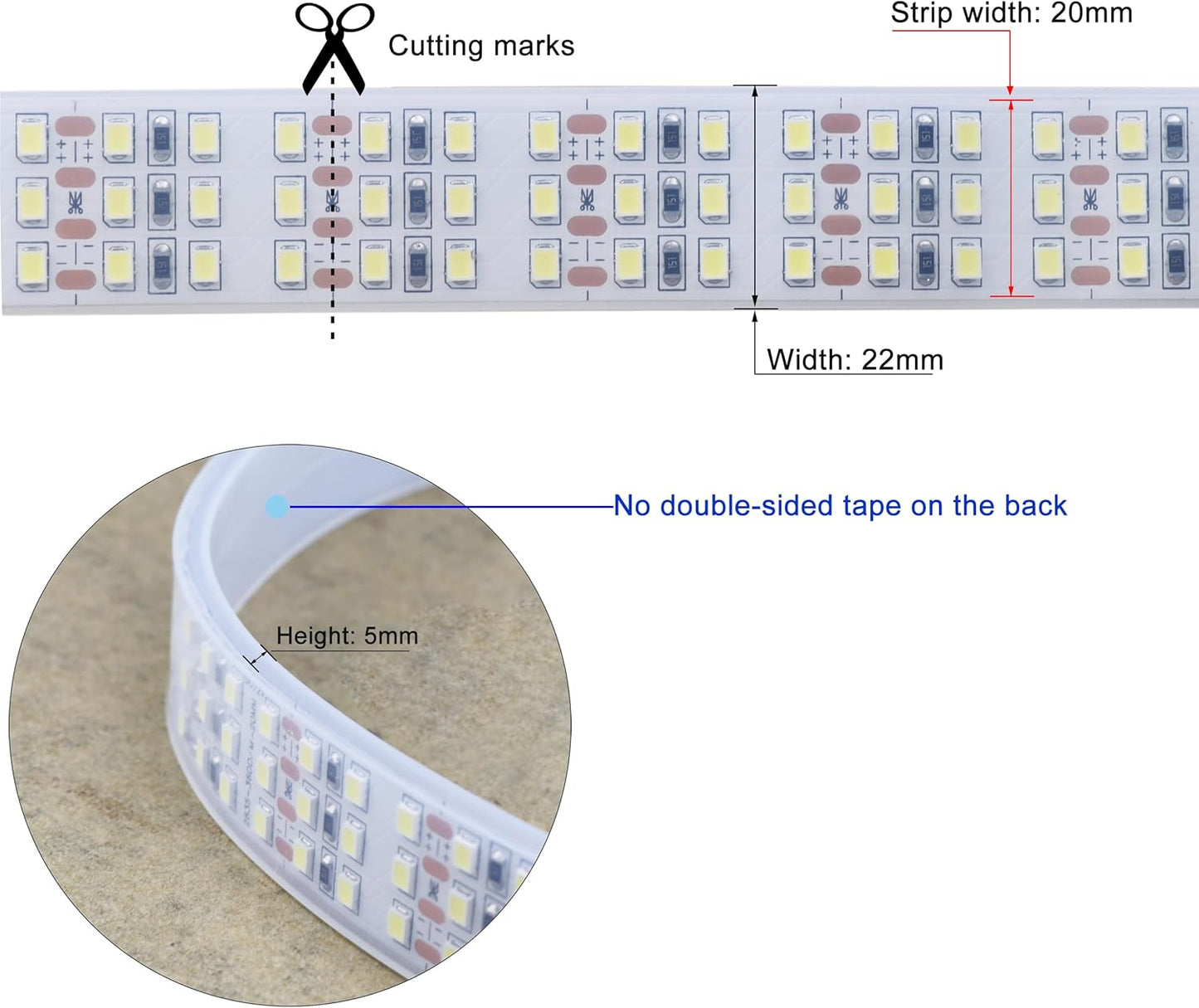 16.4Ft Super Bright Triple Row LED Strip Lights, Daylight White 6000K DC12V 1800LEDs Dimmable Flexible Truck LED Tape Lights, Outdoor Waterproof IP67 Wheel Light Strips