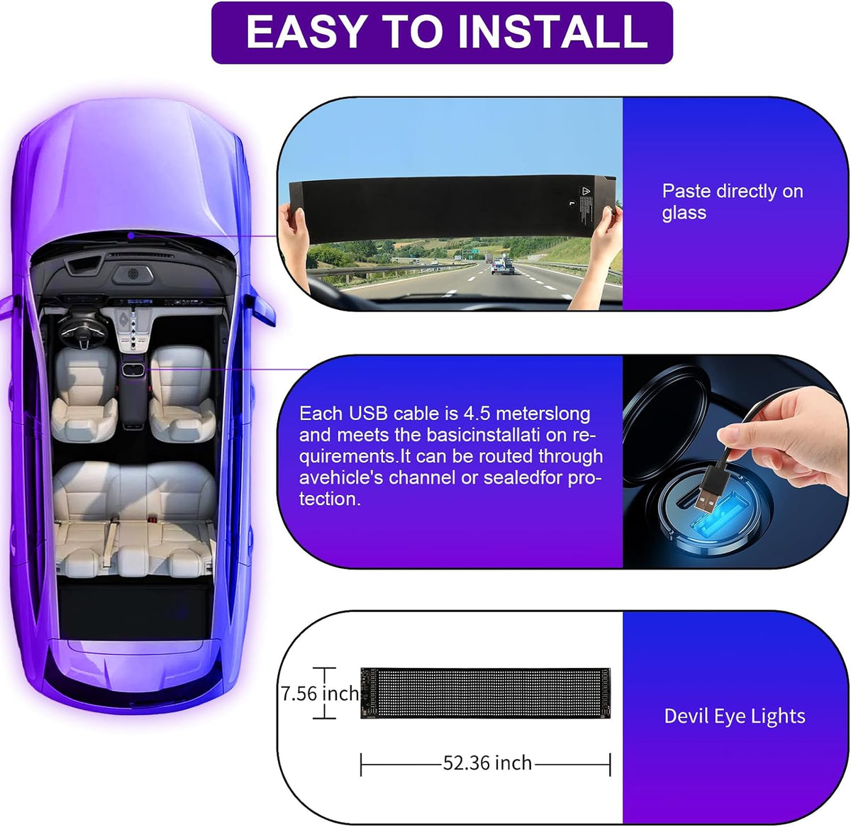 Swivelife 52.4-Inch LED Devil Eyes Windshield Display, App & Remote Control