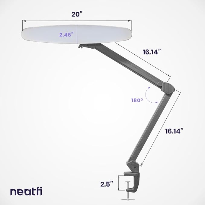 Neatfi XL 2200 Lumens 24W LED Desk Lamp with Clamp - Shadow-Free Task Lighting | 4-Level Dimming | Home Office & Crafts Use | 20-Inch Wide Head (Non-CCT, Gray Wood)