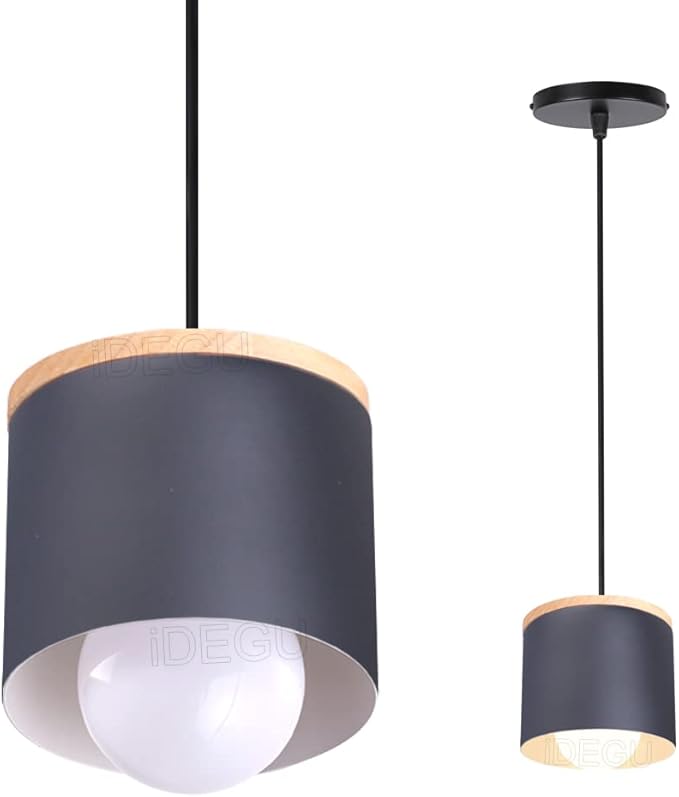 Scandinavian Style E27 Ceiling Light Fixture - Retro Wood and Iron Pendant Lamp for Bedroom, Dining Room, Kitchen - 12cm Black(# Negro)