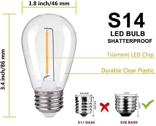 KGC 25 Pack Shatterproof & Waterproof S14 Replacement LED Light Bulbs –1W Equivalent to 10W, White Warm 2200K Outdoor String Lights Vintage Filament Bulb, E26 Base Edison LED Bulbs