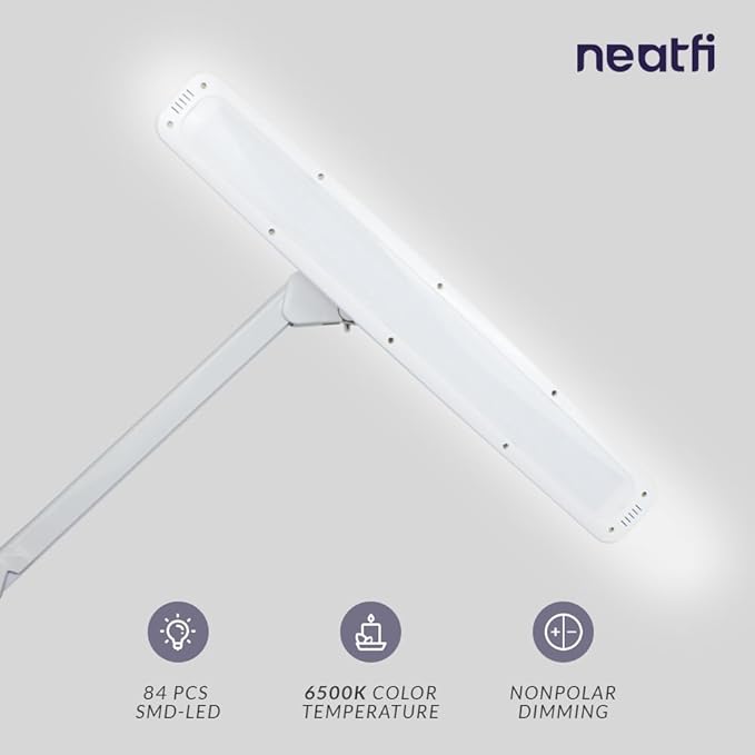 Neatfi Elite HD XL Desk Lamp with Clamp, 1600 Lumens, 22-Inch Wide Head, Non-Polar Dimming, 84 SMD LEDs, 6500K, Task Light for Home, Office, Study Room (Non-CCT with Clamp, White, 22 Inches)