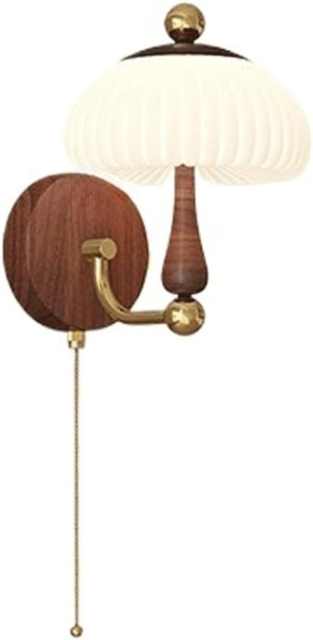 Retro Nordic Unique Creative Design Walnut Wood Grain LED Wall Sconce Mushroom Pleated PE Lampshade Pull Chain for Living Room Bedroom Hotel Bedside Hallway Study Ambient Deco