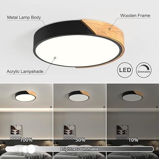 Vikaey Modern Dimmable LED Ceiling Light, Minimalist Wood Style 5CCT 2700K-6000K Flush Mount Ceiling Light Fixture, Round Lighting Lamp for Bedroom, Laundry Room, Hallway, Entryway, Black, 11.8"