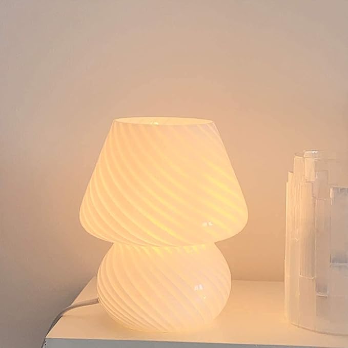 Translucent Table Mushroom Lamp Italian Style Modern Striped Glass Bedside Lamps Desk Light, Used for Baby Home Decoration of Dining, Living, Study,Gift