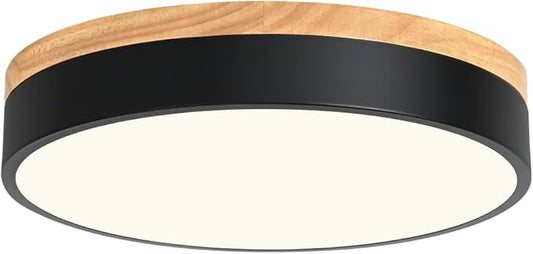 Dimmable Modern Wood Ceiling Light, Black LED 5CCT 2700K-6000K Flush Mount Ceiling Lighting Fixture, Round Light Fixtures for Kitchen Entryway Hallway Bedroom Laundry Room-11.8in