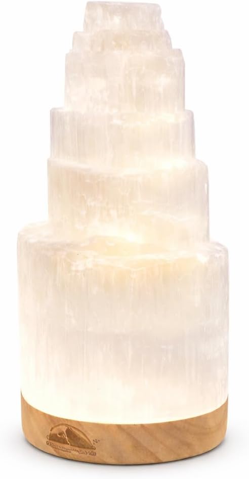 Himalayan Glow Selenite Crystal Lamp 20cm Large, Hand Curved Crystal Lamp with (ETL Certified) Wooden Base & USB Charging Cable for Home Décor - White
