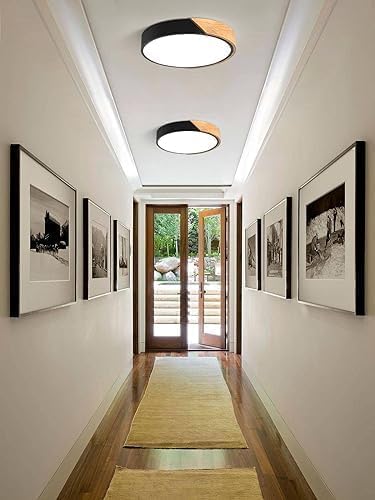 Vikaey Modern Dimmable LED Ceiling Light, Minimalist Wood Style 5CCT 2700K-6000K Flush Mount Ceiling Light Fixture, Round Lighting Lamp for Bedroom, Laundry Room, Hallway, Entryway, Black, 11.8"