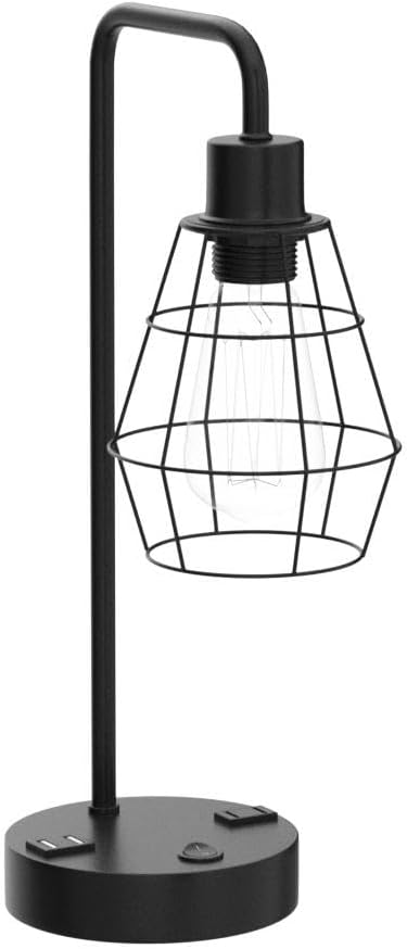 BTY USB Edison Table Lamp Set of 2, Bedside Nightstand Desk Lamps with Dual USB Charging Ports and 2 Prong AC Outlet Metal Wire Cage Industrial Reading Table Lamp for Bedroom Living Room Farmhouse