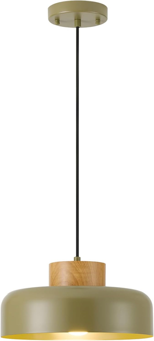 Modern Pendant Lights,12.6 inch,Naturl Wood,Adjustable Simple Pendant Lighting for Kitchen, Dining Room, Olive Green