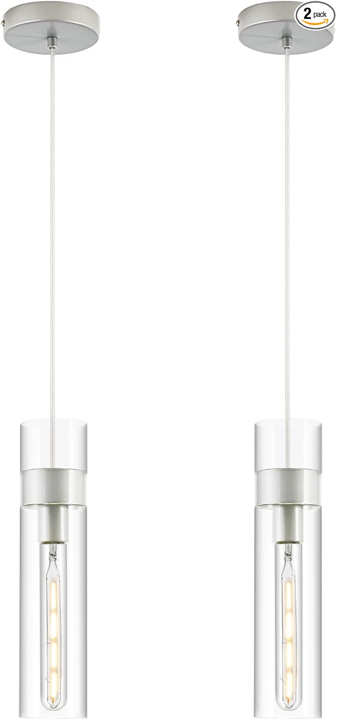 2 Pack Pendant Lights Kitchen Island (Bulbs Included), Brushed Nickel Adjustable Modern Glass Pendant Light Over Island, Industrial Pendant Light Fixtures for Dining Room Hallway Bedroom Living Room