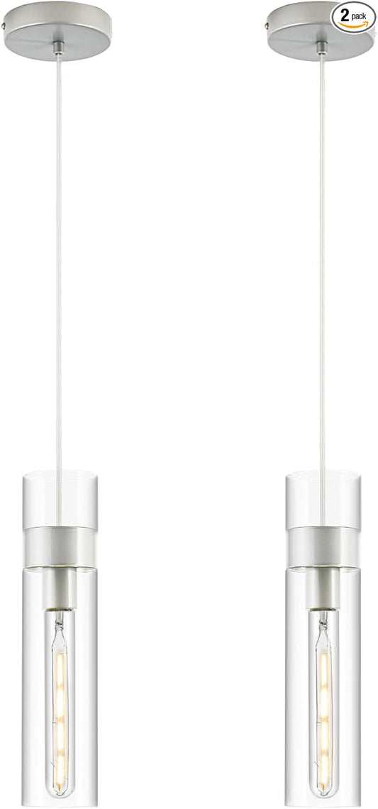 2 Pack Pendant Lights Kitchen Island (Bulbs Included), Brushed Nickel Adjustable Modern Glass Pendant Light Over Island, Industrial Pendant Light Fixtures for Dining Room Hallway Bedroom Living Room