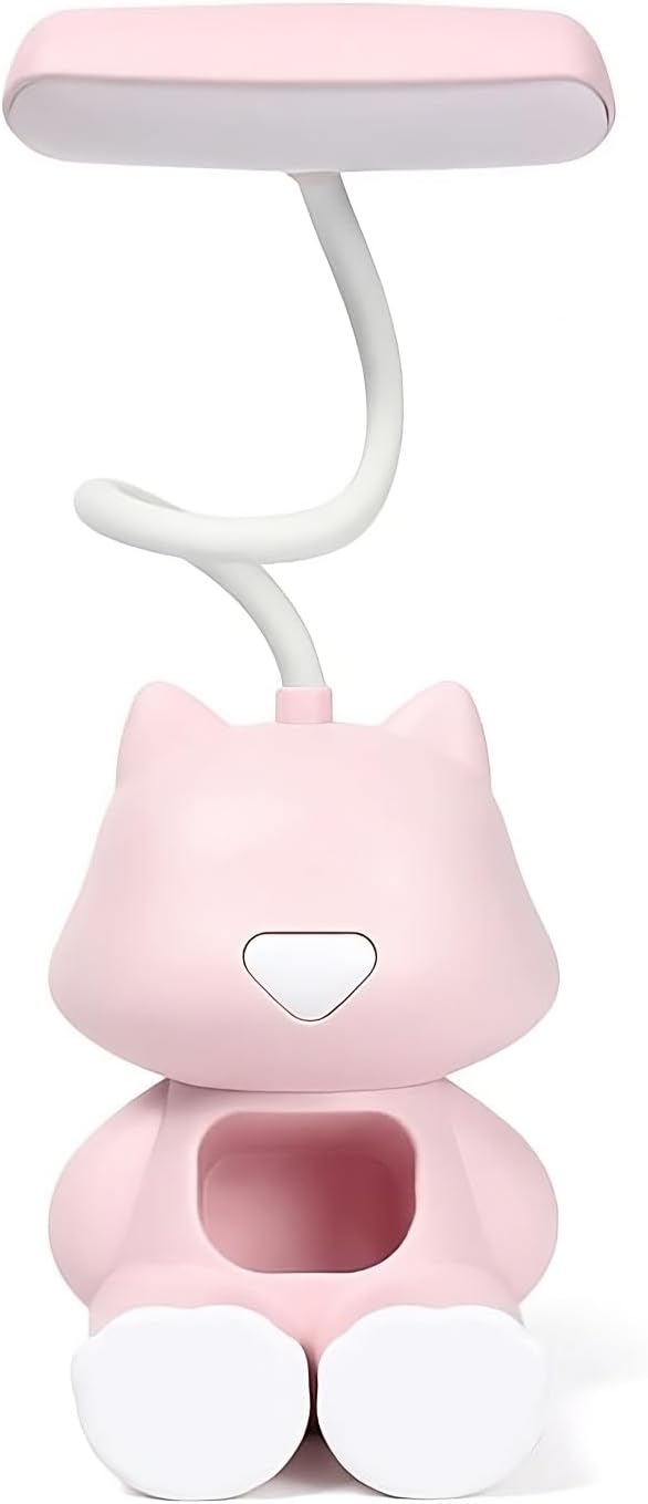 Cute Cat LED Desk Lamp with Phone Stand – Flexible Gooseneck, Rechargeable Battery, Small Organizer Compartment – Night Light for Kids' Rooms or Nursery (Pink)
