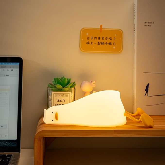Cute Lying Flat Duck Night Light, 3 Level Dimmable Nursery Nightlight, Kawaii Lamps Squishy Silicone Light Up Duck, Rechargeable Touch Lamp, Best Gift for Kids Adults Room Decor