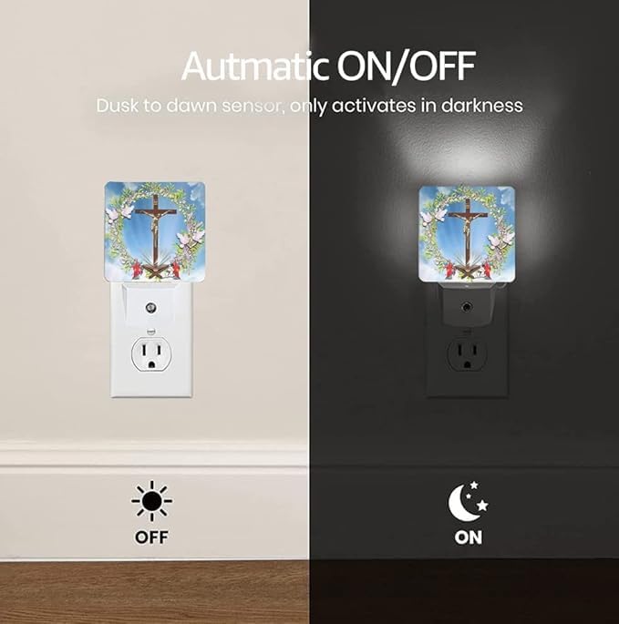 Jesus Cross Plug-in Night Light,Christian Brightness Lily Light Easter Lamp Auto Dusk to Dawn Sensor Nightlights Plug into Wall,Faith Religious Nightlight Home Decor for Kids Bedroom,Bathroom,Hallway
