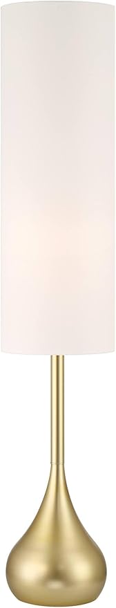 Possini Euro Design Moderne Mid Century Modern 62" Tall Standing Floor Lamp Droplet Foot Switch Metal Soft Gold Finish Living Room Bedroom House Reading Office Home Decor Entryway White Drum Shade