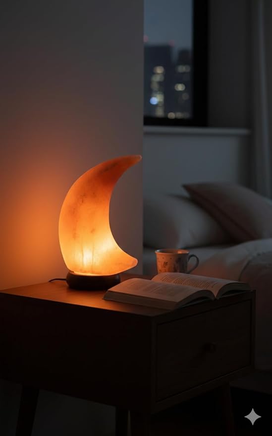 NB Himalayan Pink Salt Lamp – Moon Shape – Hand-Carved Natural Crystal with Wooden Base dimmer Switch with a Pair of Bulbs