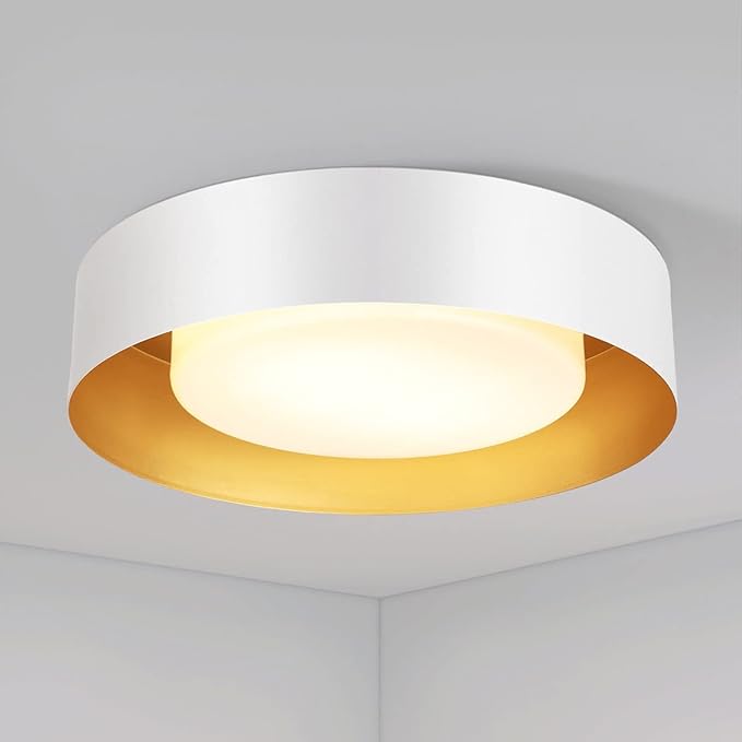 Modern White and Gold Flush Mount Ceiling Lights, 16.5" Minimalist Glass Round Ceiling Lighting, Drum Close to Ceiling Light Fixtures for Living Room, Bedroom, Dining Room, Kitchen, Hallways