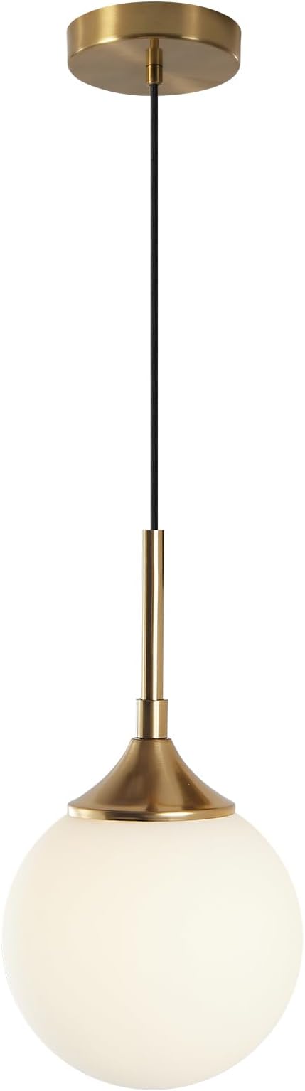 KCO Lighting Mid Century Modern Milk Glass Pendant Light Large White Globe Hanging Light Gold Ceiling Light Fixture 1 Light Pendant Lighting Brushed Brass Hanging Light Fixture