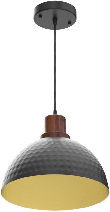 Black Pendant Lights Kitchen Island, 11.8" Hammered Metal Black Dome Pendant Lighting Black and Wood Pendant Light Fixture Hanging Ceiling Light for Dining Living Room Restaurant Sink