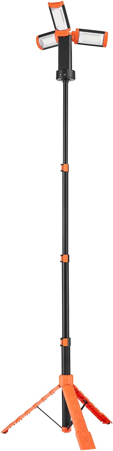 VEVOR LED Work Light with Stand, 10Ah, Rechargeable Cordless Camping Light, with 3 Lamp Heads, Detachable Tripod Stand, 2200 Lumens 3000K-6500K Dimmable, Portable Construction Lighting for Job Site