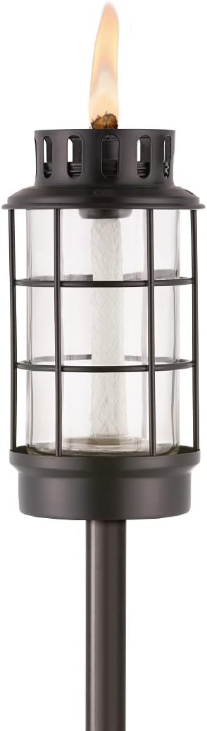 TIKI Outdoor Glass Lantern Torch – Weather-Resistant Decorative Torch for Patio, Garden & Backyard with 4-Piece Adjustable Height Pole, Fiberglass Wick & Snuffer, Black