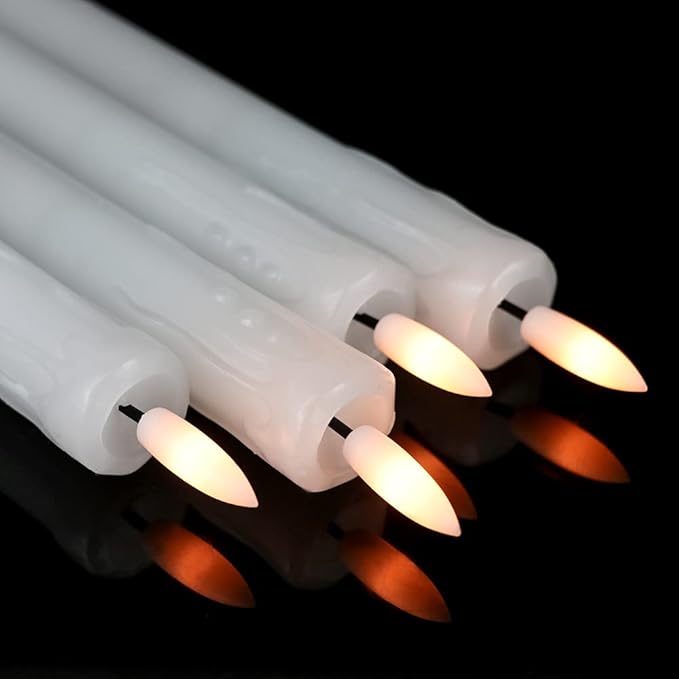 GenSwin Drip Wax Flameless Taper Candles Flickering with 10-Key Remote, Battery Operated Led Warm 3D Wick Light Window Candles Real Wax Pack of 6, Christmas Home Wedding Decor(White, 0.78 X 9.64 Inch)
