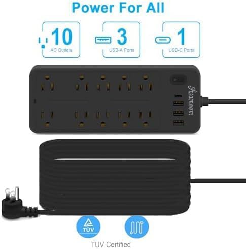 6 FT Power Strips with Surge Protection 1625W/13A, 10 Outlets with 4 USB Ports (1 USB C) Long Extension Cord with Multiple Outlets 14-in-1 Flat Plug Power Strip Protector 1700J 16Awg Black ETL Listed