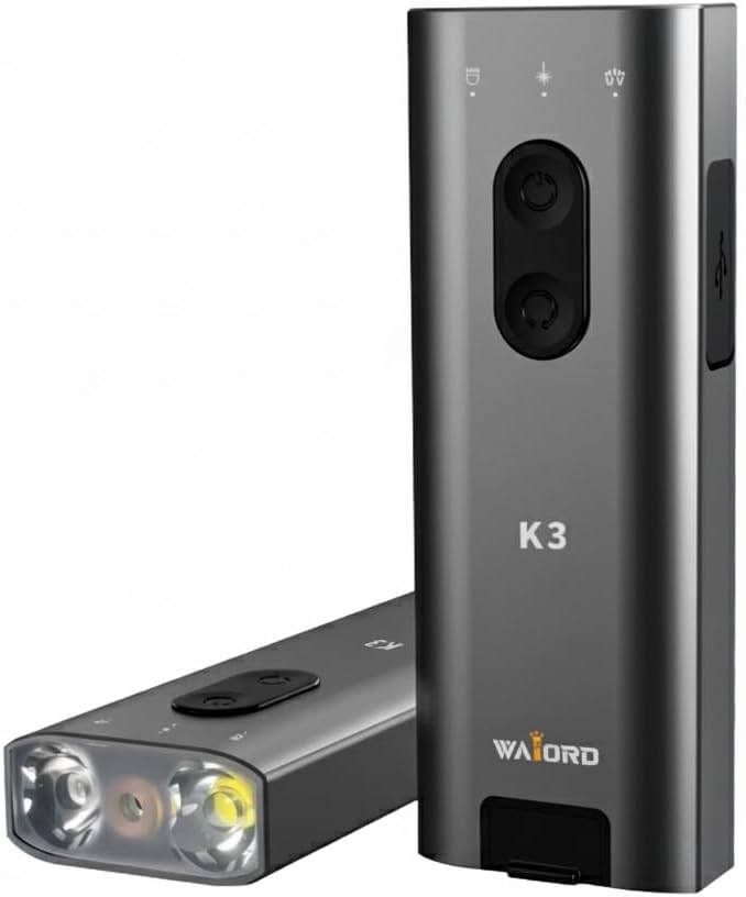 K3 EDC Flashlight with White Beam, Red Beam & 365nm UV, RGB Ambient Side Light, Magnetic Side, Built-in Electric Lighter, Rechargeable Compact Torch with Lanyard for Outdoor & Emergency