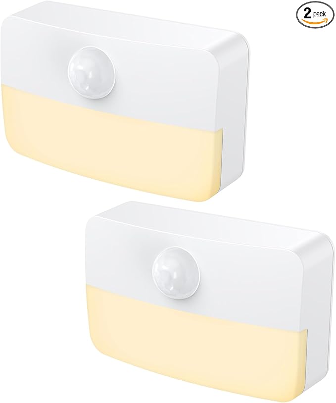 【2 Pack】Motion Sensor Night Light, Stick-On Motion Sensor Lights Indoor, Battery Powered Under Cabinet Kitchen Lights with Adhesive Pads, Auto/On/Off for Cupboard Wardrobe Stair Kitchen- Warm White