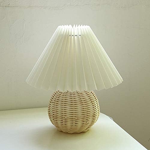 Korean Pleated Table Lamp Ins DIY Ceramic Table Lamps for Living Room Home Deco Cute Lamp with Tricolor Led Bulb Beside Lamp… Rattan and White