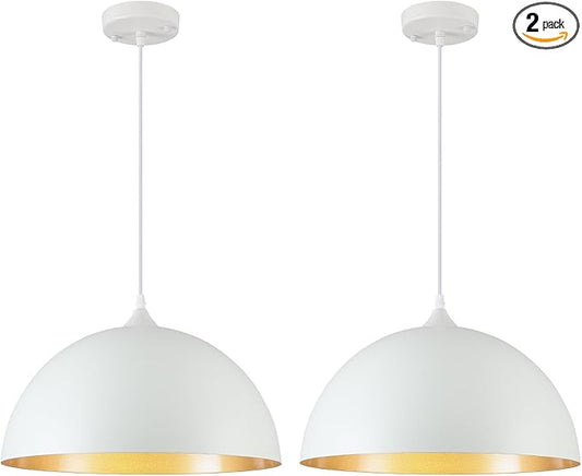 White and Gold Dome Pendant Light, 16 Inch Large Pendant Lights, White Pendant Lights Kitchen Island, Large Industrial Pendant Light for Kitchen Island, Dining Room, Cafe, Bar, 2 Pack