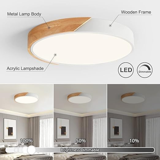 Vikaey Modern Dimmable LED Ceiling Light, Minimalist Wood Style 5CCT 2700K-6000K Flush Mount Ceiling Light Fixture, Round Lighting Lamp for Bedroom Living Room Dining Room Laundry, White, 15.8"