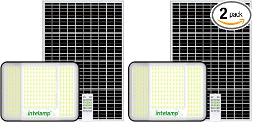 intelamp Solar Flood Lights Outdoor Waterproof, 20000mAh 2000LM Floodlight Exterior with Remote 16.4 FT Cable, 2-12H Timer Dusk to Dawn Security Spots Lighting Outside for Garden Pathway (Pack of 2)